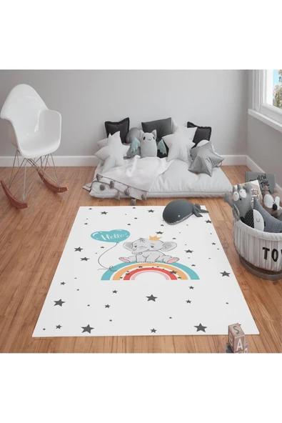 Kaymaz Tabanlı Yıkanabilir Fil Desenli Çocuk Halısı Dot Taban Halı RENKLİ 100 X 300