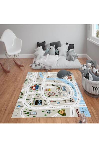 Kaymaz Tabanlı Yıkanabilir Haritalı Yol Desenli Çocuk Halısı Dot Taban Halı RENKLİ 140 X 200
