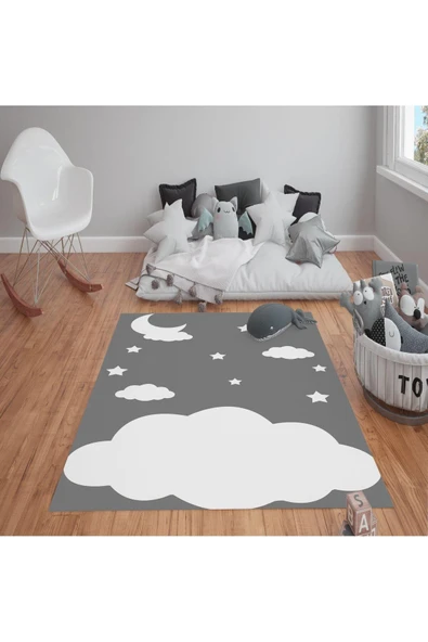 Kaymaz Tabanlı Yıkanabilir Bulut Desenli Çocuk Halısı Dot Taban Halı GRİ-BEYAZ 80 X 200