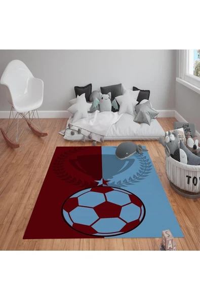 Kaymaz Tabanlı Yıkanabilir Kupa ve Futbol Topu Desenli Çocuk Halısı Dot Taban Halı MAVİ 180 X 280