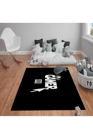 Kaymaz Tabanlı Yıkanabilir Gamer Desenli Çocuk Halısı Dot Taban Halı Siyah 80 X 300