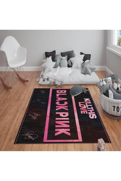 Kaymaz Tabanlı Yıkanabilir Black Pink Desenli Çocuk Halısı Dot Taban Halı SİYAH-Pembe 100 X 200
