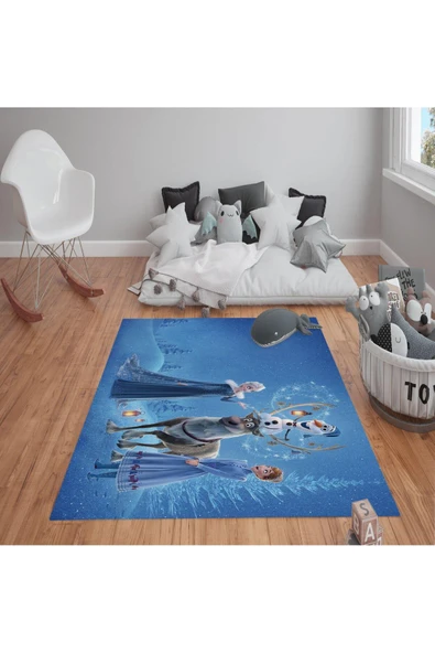 Kaymaz Tabanlı Yıkanabilir Elsa Desenli Çocuk Halısı Dot Taban Halı MAVİ 180 X 280