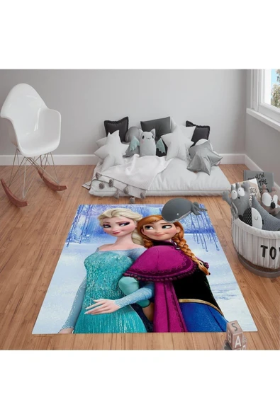 Kaymaz Tabanlı Yıkanabilir Elsa Frozen Desenli Çocuk Halısı Dot Taban Halı RENKLİ 160 X 230