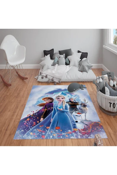 Kaymaz Tabanlı Yıkanabilir Elsa Desenli Çocuk Halısı Dot Taban Halı RENKLİ 140 X 200