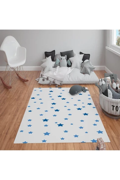 Kaymaz Tabanlı Yıkanabilir Yıldız Desenli Çocuk Halısı Dot Taban Halı LACİVERT-BEYAZ 180 X 280