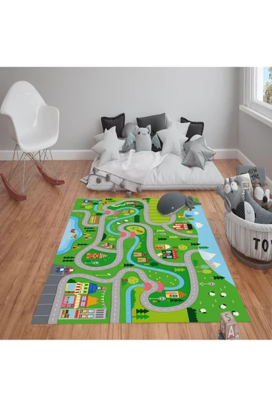 Kaymaz Tabanlı Yıkanabilir Yol Desenli Çocuk Halısı Dot Taban Halı RENKLİ 100 X 200