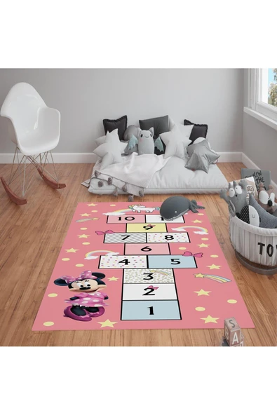 Kaymaz Tabanlı Yıkanabilir Seksek Desenli Çocuk Halısı Dot Taban Halı PEMBE 80 X 200