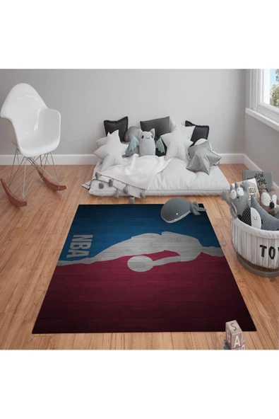Kaymaz Tabanlı Yıkanabilir Basketbol Desenli Çocuk Halısı Dot Taban Halı Kırmızı-Mavi 100 X 300