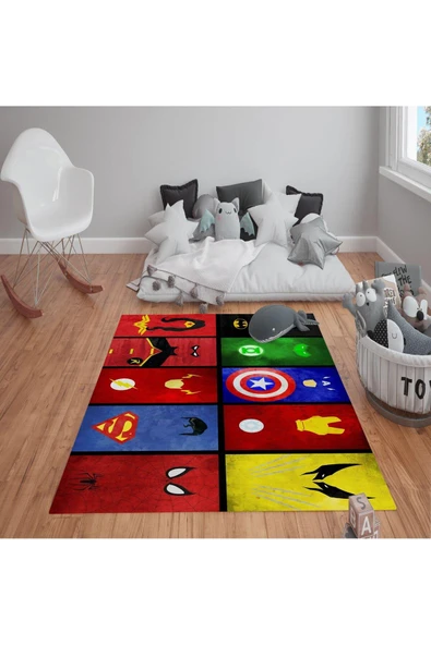Kaymaz Tabanlı Yıkanabilir Marvel Desenli Çocuk Halısı Dot Taban Halı RENKLİ 160 X 230
