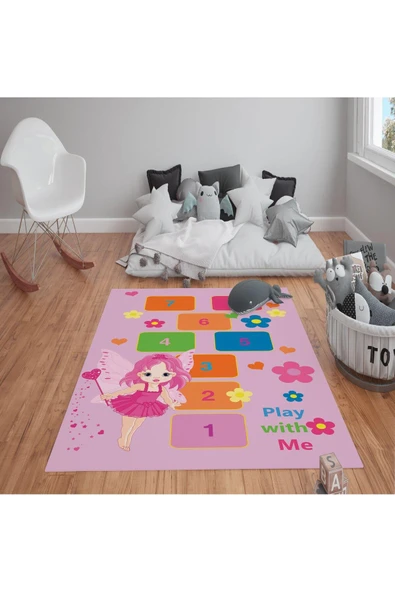 Kaymaz Tabanlı Yıkanabilir Seksek Desenli Çocuk Halısı Dot Taban Halı PEMBE 100 X 300