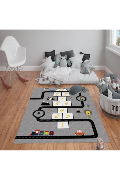 Kaymaz Tabanlı Yıkanabilir Yol Desenli Çocuk Halısı Dot Taban Halı SİYAH-GRİ 200 X 300