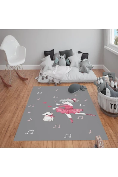 Kaymaz Tabanlı Yıkanabilir Kedi Ve Kız Desenli Çocuk Halısı Dot Taban Halı Gri-Pembe 80 X 200
