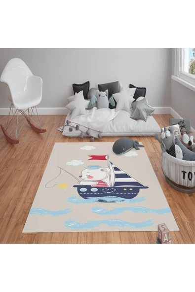 Kaymaz Tabanlı Yıkanabilir Gemi Desenli Çocuk Halısı Dot Taban Halı RENKLİ 140 X 200
