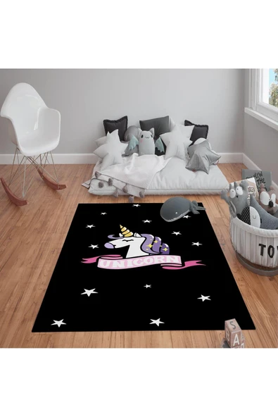 Kaymaz Tabanlı Yıkanabilir Unicorn Desenli Çocuk Halısı Dot Taban Halı Siyah 160 X 230