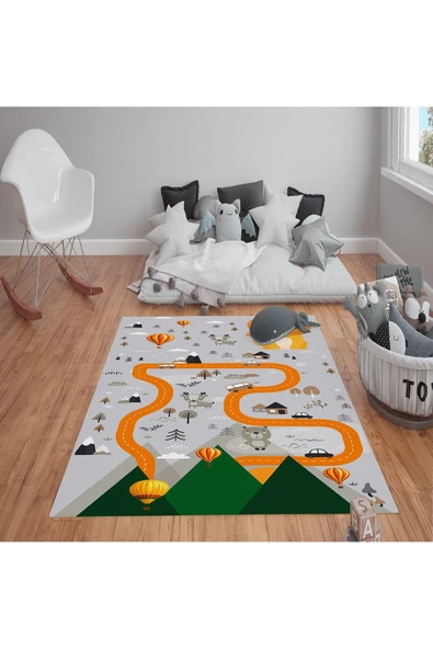 Kaymaz Tabanlı Yıkanabilir Yol Desenli Çocuk Halısı Dot Taban Halı GRİ-RENKLİ 120 X 180