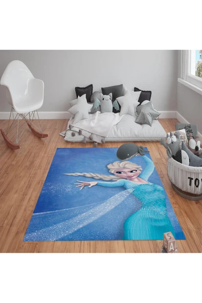 Kaymaz Tabanlı Yıkanabilir Elsa Desenli Çocuk Halısı Dot Taban Halı MAVİ 180 X 280