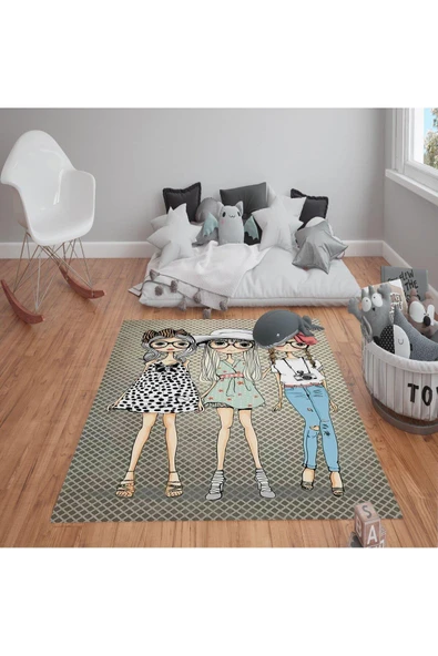 Kaymaz Tabanlı Yıkanabilir Kız Desenli Çocuk Halısı Dot Taban Halı RENKLİ 140 X 200