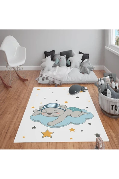 Kaymaz Tabanlı Yıkanabilir Ayı Desenli Çocuk Halısı Dot Taban Halı RENKLİ 80 X 150