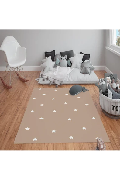 Kaymaz Tabanlı Yıkanabilir Yıldız Desenli Çocuk Halısı Dot Taban Halı Bej 80 X 300