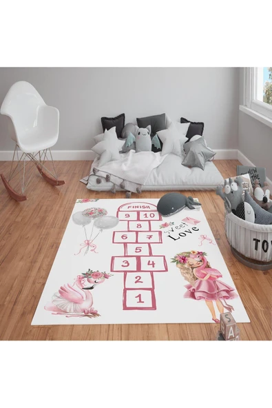 Kaymaz Tabanlı Yıkanabilir Seksek Desenli Çocuk Halısı Dot Taban Halı PEMBE-BEYAZ 160 X 230