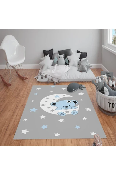 Kaymaz Tabanlı Yıkanabilir Ay Desenli Çocuk Halısı Dot Taban Halı GRİ-MAVİ 160 X 230