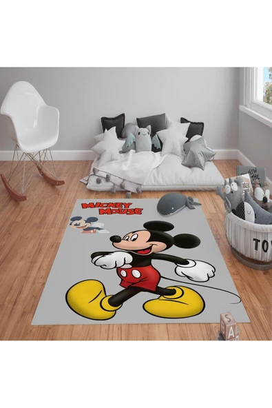 Kaymaz Tabanlı Yıkanabilir Mickey Mouse Desenli Çocuk Halısı Dot Taban Halı KIRMIZI-GRİ-SİYAH 80 X 200