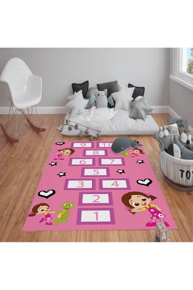 Kaymaz Tabanlı Yıkanabilir Sayı Desenli Çocuk Halısı Dot Taban Halı PEMBE 80 X 200