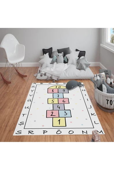 Kaymaz Tabanlı Yıkanabilir Seksek Desenli Çocuk Halısı Dot Taban Halı RENKLİ 80 X 300