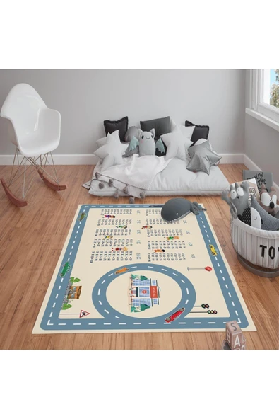 Kaymaz Tabanlı Yıkanabilir Çarpım Tablosu Desenli Çocuk Halısı Dot Taban Halı Krem-Gri 160 X 230