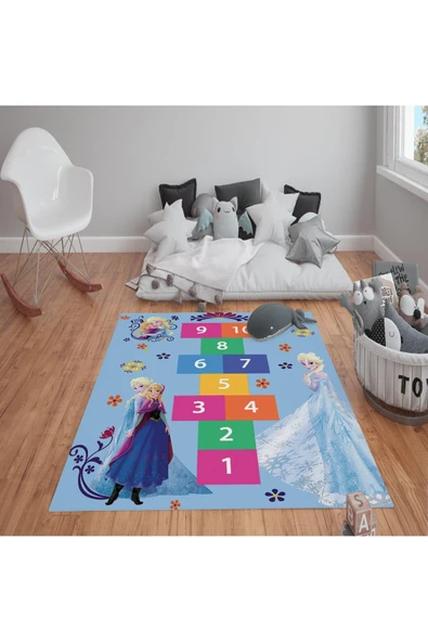 Kaymaz Tabanlı Yıkanabilir Elsa Seksek Desenli Çocuk Halısı Dot Taban Halı MAVİ 100 X 300