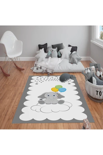 Kaymaz Tabanlı Yıkanabilir Fil Desenli Çocuk Halısı Dot Taban Halı GRİ-BEYAZ 180 X 280