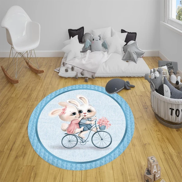 Kaymaz Taban Yıkanabilir Tatlı Tavşanlar Desenli Yuvarlak Çocuk Halısı RENKLİ 100 X 100