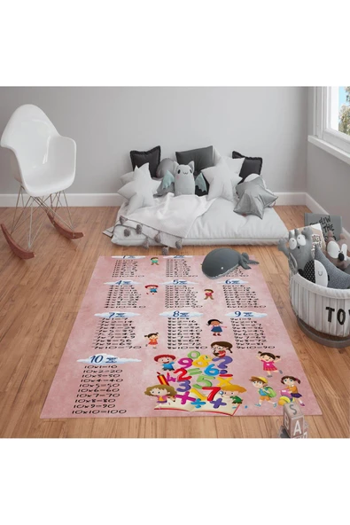 Kaymaz Tabanlı Yıkanabilir Çarpım Tablosu Desenli Çocuk Halısı Dot Taban Halı PEMBE 120 X 180