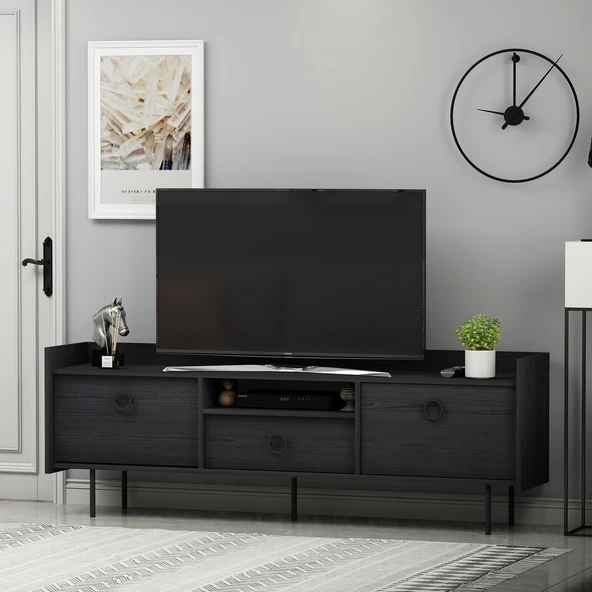 T0015 Lidya Kapaklı, Açık Raflı Tv Sehpası Ahşap siyah - 5