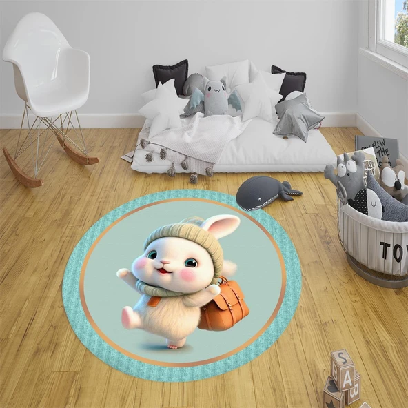 Kaymaz Taban Yıkanabilir Tatlı Minik Tavşan Desenli Yuvarlak Çocuk Halısı RENKLİ 200 X 200