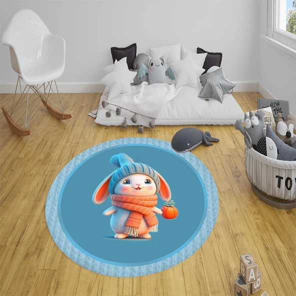 Kaymaz Taban Yıkanabilir Tatlı Tavşan Desenli Yuvarlak Çocuk Halısı RENKLİ 80 X 80