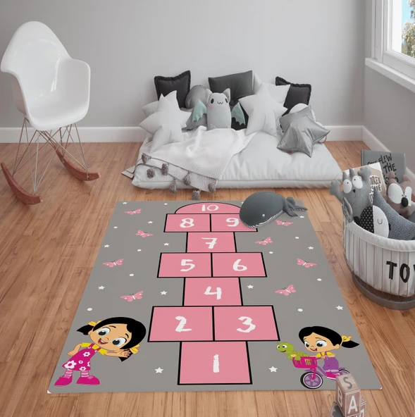 Kaymaz Tabanlı Yıkanabilir Seksek Detay Sayı Desenli Çocuk Halısı Dot Taban Halı Gri-Pembe 80 X 200