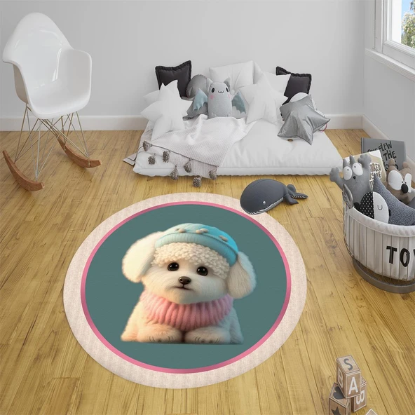 Kaymaz Taban Yıkanabilir Tatlı Köpek Desenli Yuvarlak Çocuk Halısı RENKLİ 180 X 180
