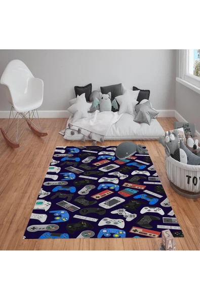 Kaymaz Tabanlı Yıkanabilir Oyun Konsolu Desenli Çocuk Halısı Dot Taban Halı RENKLİ 80 X 150