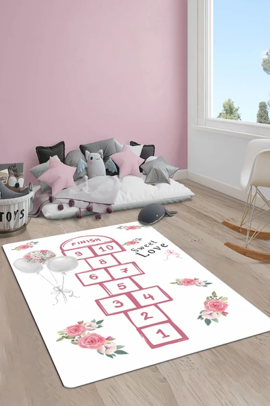 Kaymaz Taban Yıkanabilir Seksek Desenli Çocuk Halısı RENKLİ 100 X 300
