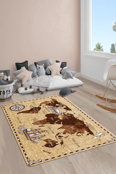 Kaymaz Taban Yıkanabilir Harita Desenli Çocuk Halısı RENKLİ 100 X 300