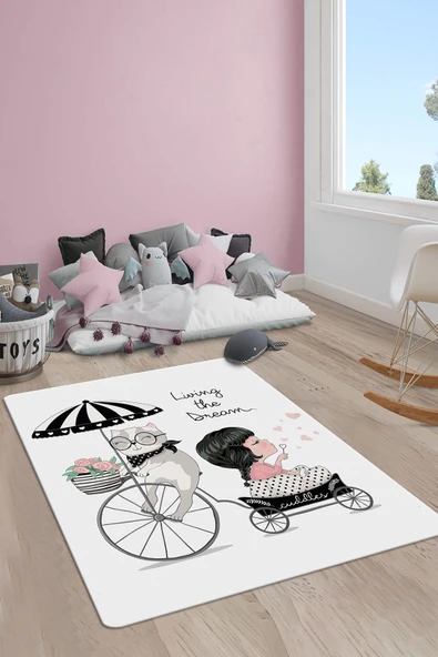 Kaymaz Taban Yıkanabilir Kedi ve Kız Desenli Çocuk Halısı RENKLİ 140 X 200