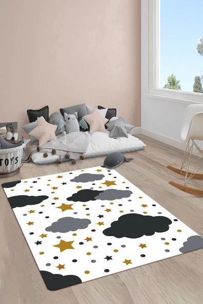 Kaymaz Taban Yıkanabilir Bulut Yıldız Desenli Çocuk Halısı RENKLİ 120 X 180