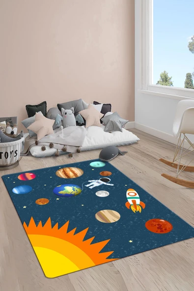 Kaymaz Taban Yıkanabilir Uzay Desenli Çocuk Halısı RENKLİ 80 X 300