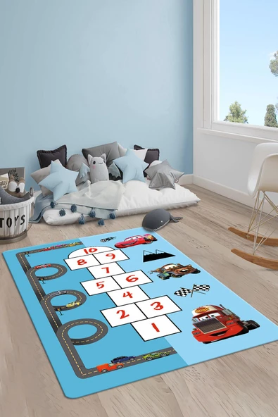 Kaymaz Taban Yıkanabilir Yol Araba Seksek Desenli Çocuk Halısı RENKLİ 140 X 200