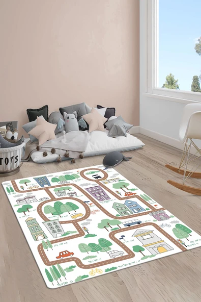 Kaymaz Taban Yıkanabilir Jungle Yol Desenli Çocuk Halısı RENKLİ 200 X 300