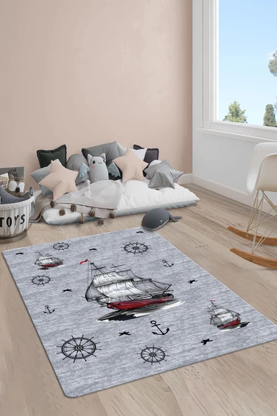 Kaymaz Taban Yıkanabilir Gemi Desenli Çocuk Halısı RENKLİ 100 X 300