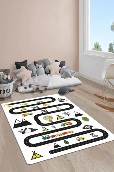 Kaymaz Taban Yıkanabilir Jungle Yol Seksek Desenli Çocuk Halısı RENKLİ 140 X 200