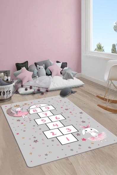 Kaymaz Taban Yıkanabilir Prenses Seksek Desenli Çocuk Halısı RENKLİ 100 X 300